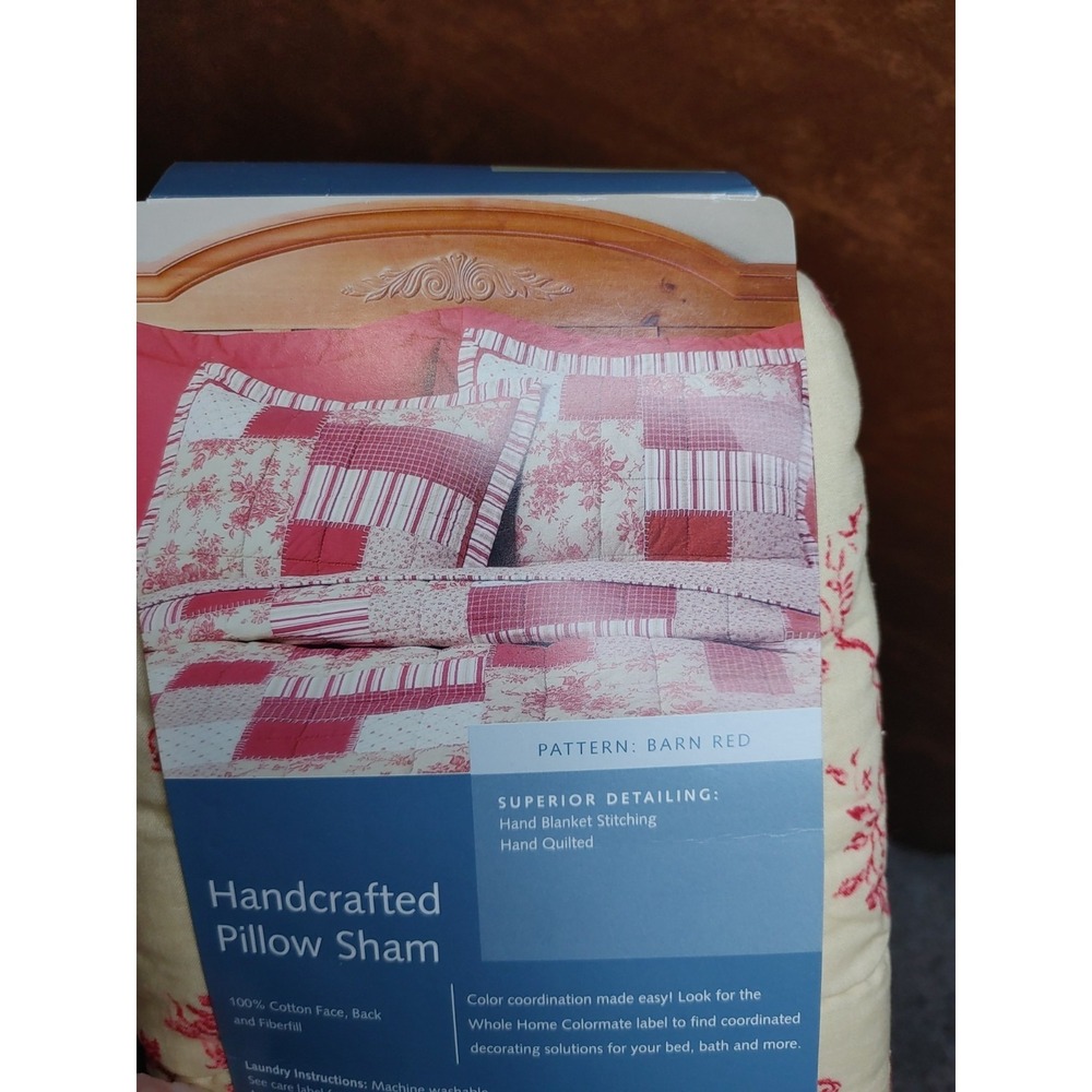 90s Single Cottagecore Barn Red Pillow Sham Standard Quilted Floral Red Cream